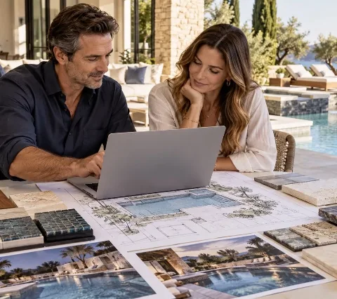 Two people reviewing pool design plans and materials outdoors